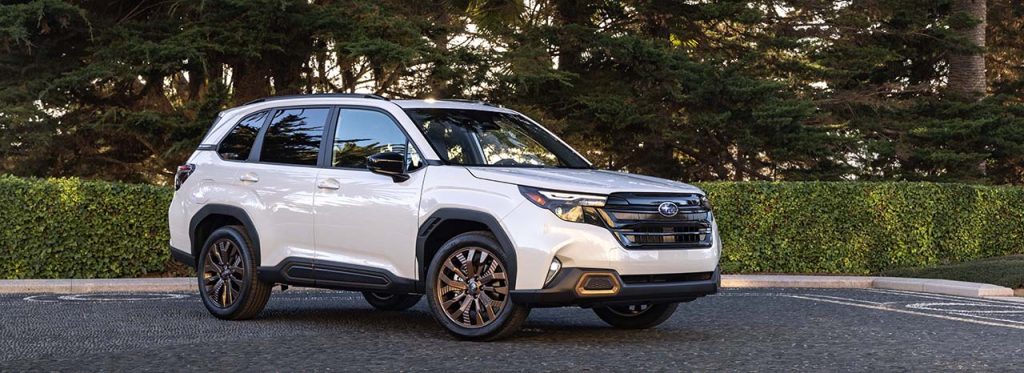 The new 2025 Subaru Forester is parked in a parking lot, making this the perfect SUV to explore the local Spartanburg area. 