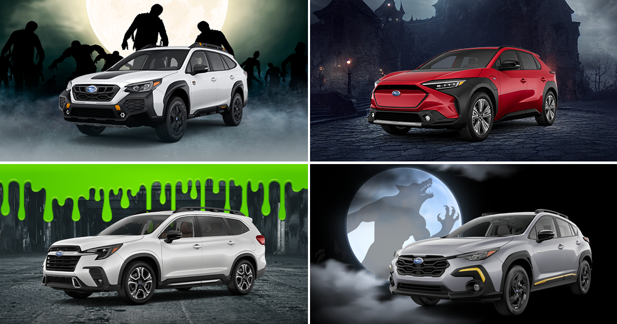 Multiple Subaru models on various Halloween monster backgrounds
