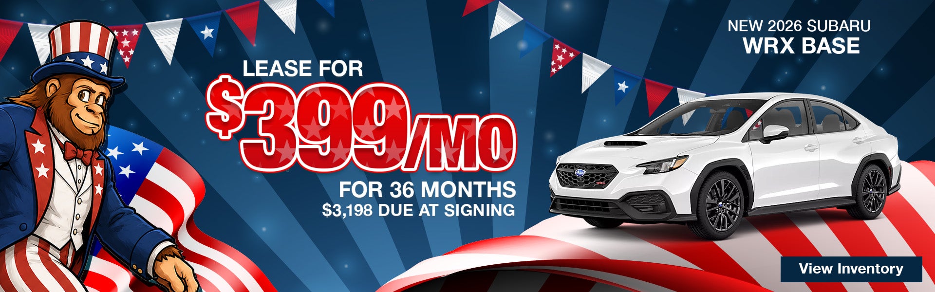 Lease a new 2026 Subaru WRX for $399 per month for 36 months